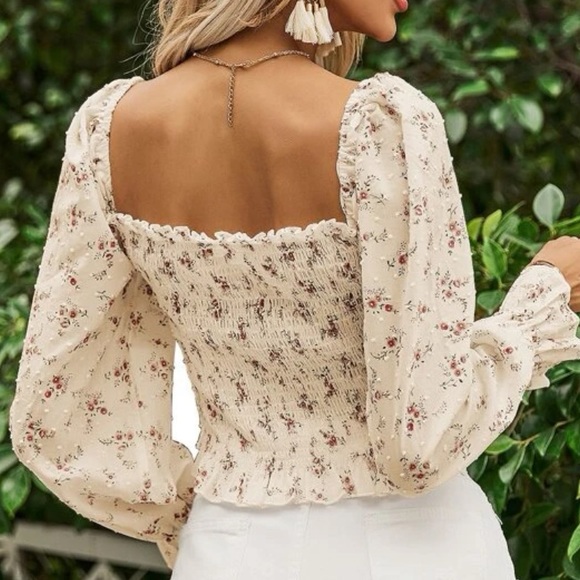 Floral blouse ruched flower off shoulder top womens cream boho - Picture 5 of 5